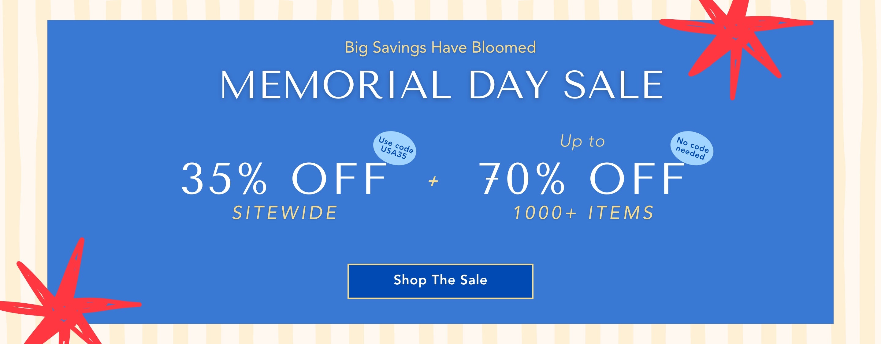 Memorial Day sale advertisement with 35% off and up to 70% off discounts on a blue background.
