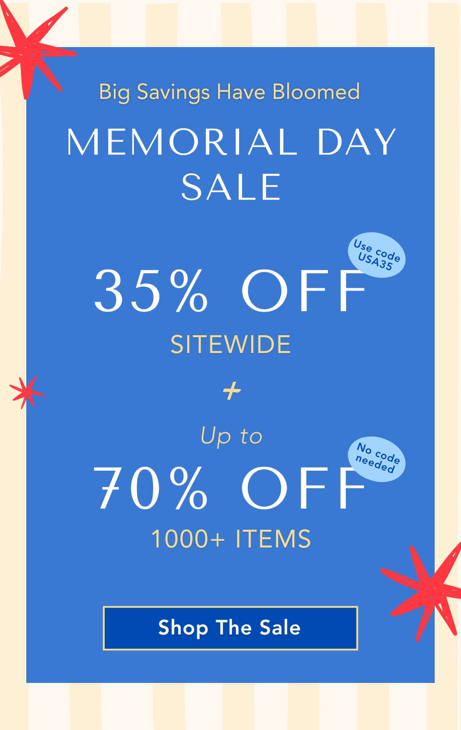 Memorial Day sale advertisement with 35% off and up to 70% off discounts on a blue background.