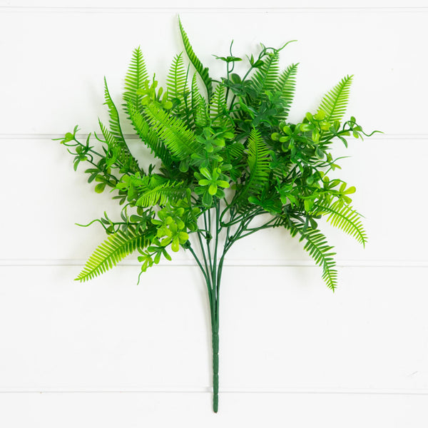 14” UV Resistant Artificial Mixed Greens Bush (Indoor/Outdoor) - Set of 4