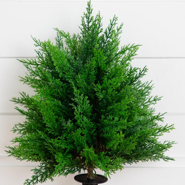 19” UV Resistant Artificial Cedar Bush with Integrated Ground Stake (Indoor/Outdoor) - Set of 2
