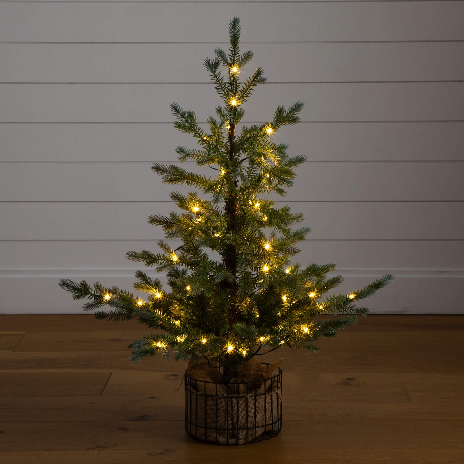 3' Pre-Lit Artificial Christmas Tree in Jute Wire Planter with 30 Warm White LED Lights