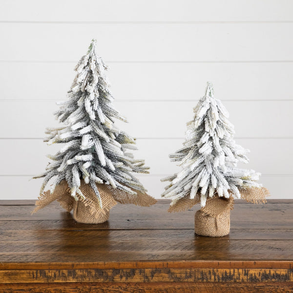 10" and 13” Artificial Mini Flocked Christmas Tree with Burlap Base - Set of 2