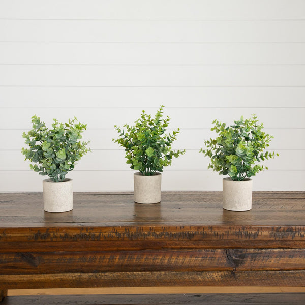 10" Artificial Baby Blue Eucalyptus in Decorative Planter - Set of 3