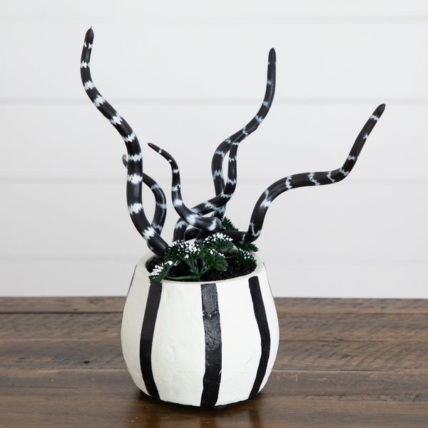 10” Artificial Halloween Midnight Stripe Snake Plant in Decorative Planter