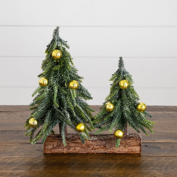 10” Artificial Snowed Downswept Christmas Tree Duo with Ornaments in Rustic Wooden Log Base