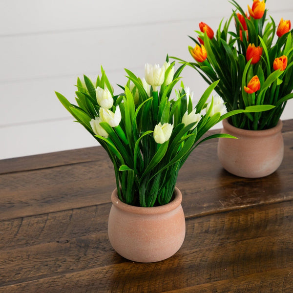 10” Artificial Tulip Plant in Ceramic Planter -Set of 3