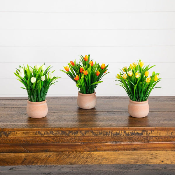 10” Artificial Tulip Plant in Ceramic Planter -Set of 3