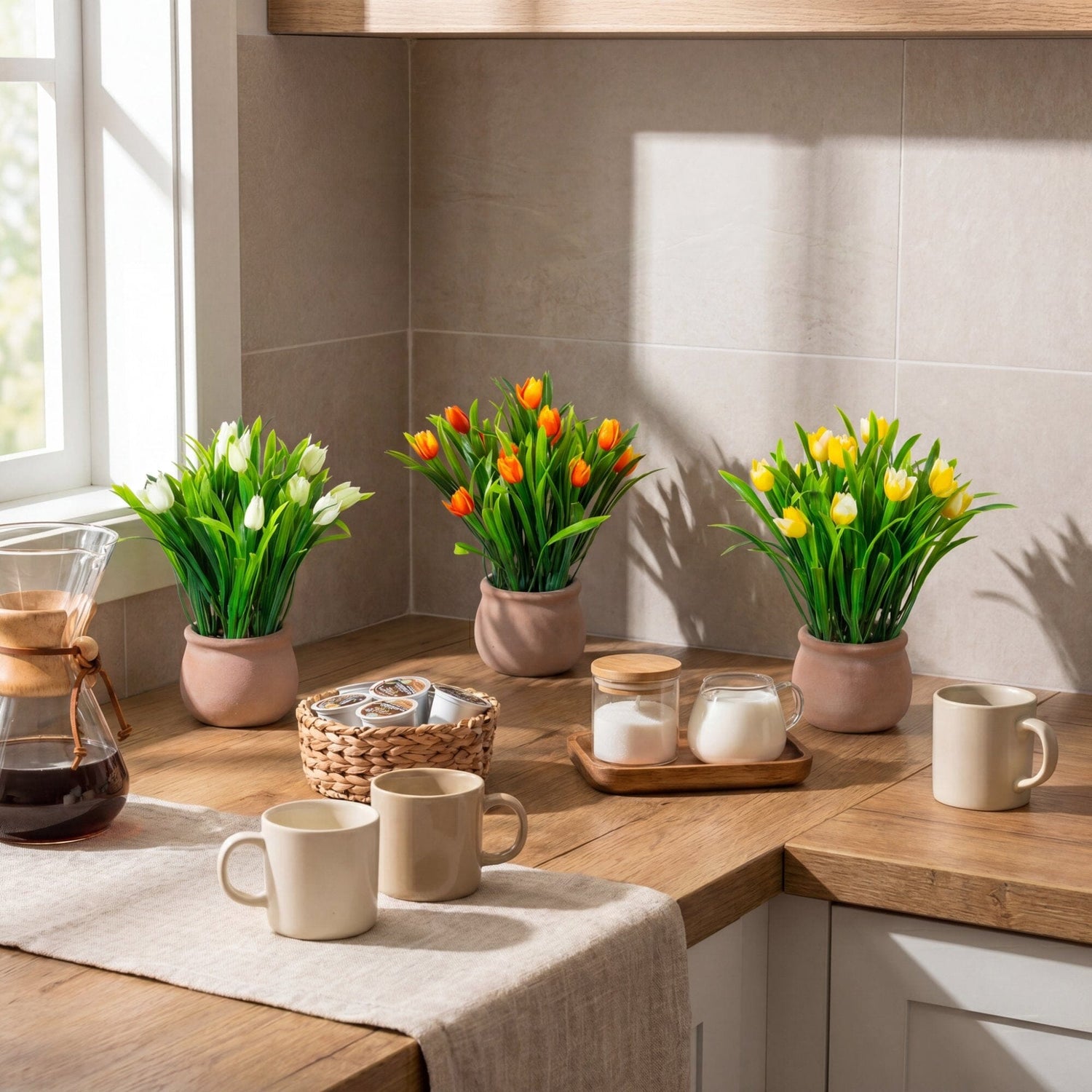 10” Artificial Tulip Plant in Ceramic Planter -Set of 3