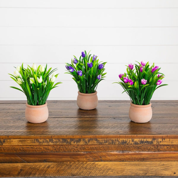 10” Artificial Tulip Plant in Ceramic Planter -Set of 3