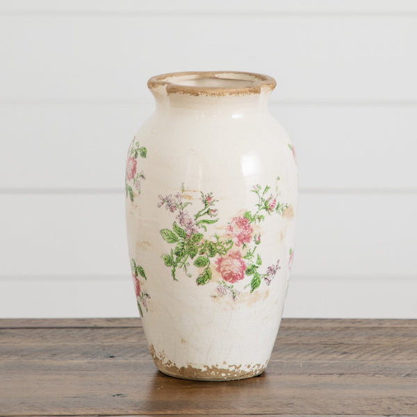 10” Floral Print Tuscan Ceramic Scroll Urn