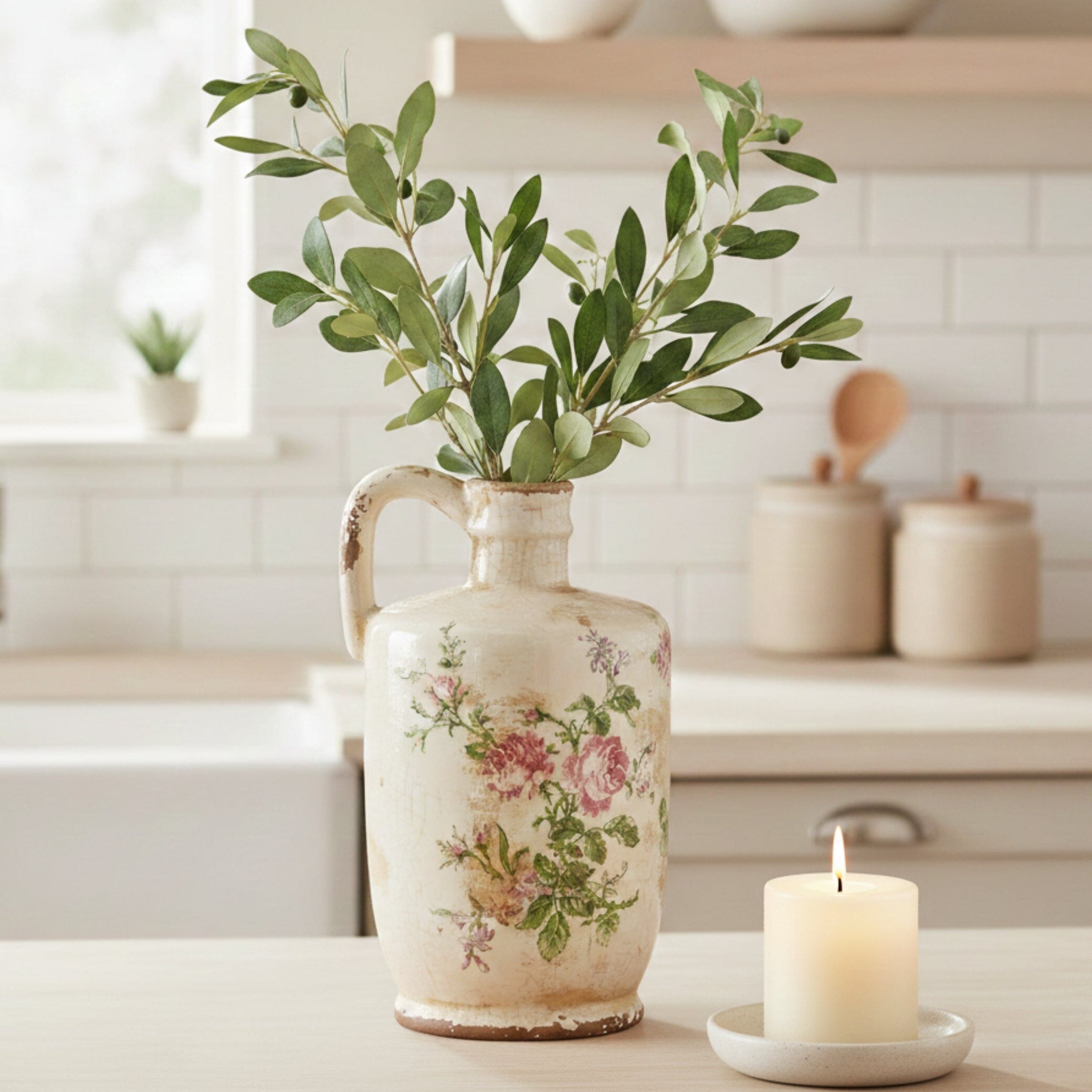 10” Tuscan Ceramic Floral Print Pitcher | Nearly Natural