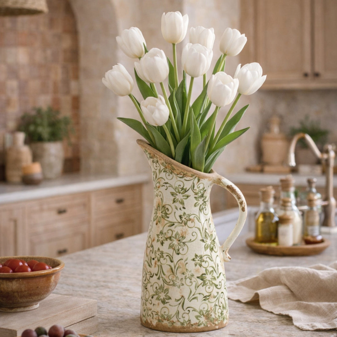 Nearly Natural 10 in. Tuscan Ceramic Green Scroll Pitcher Vase