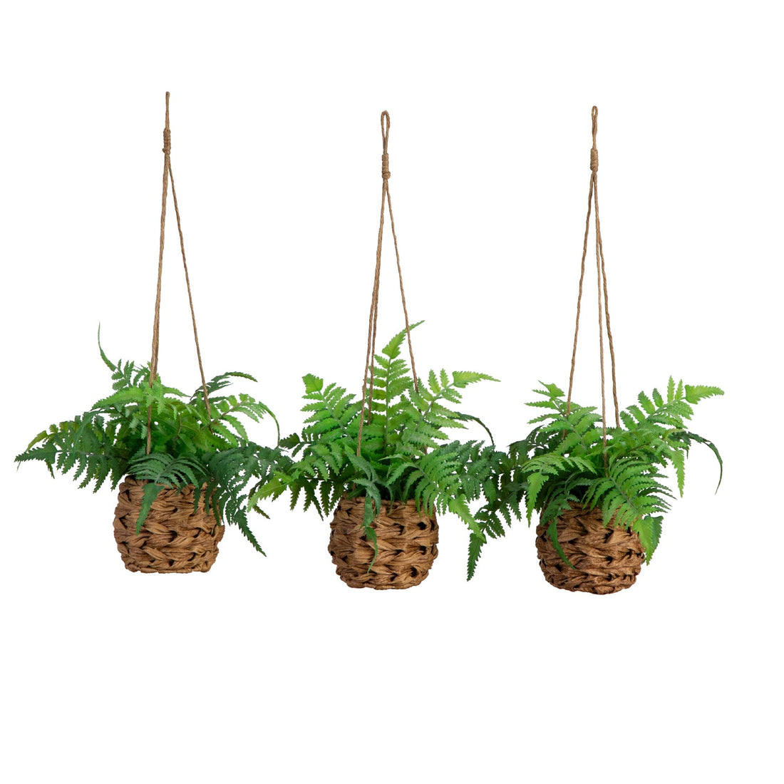 artificial hanging plants with pots 10” UV Resistant Artificial Boston Fern in Hanging Wicker Basket  (Indoor/Outdoor) - Set of 3
