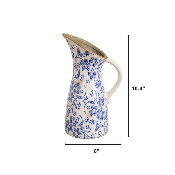10.5” Floral Tuscan Ceramic Blue Scroll Pitcher Vase