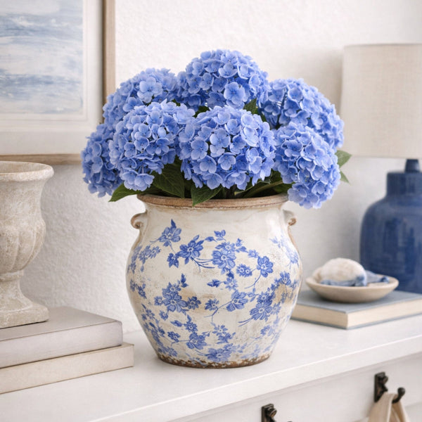 10.5” Tuscan Ceramic Blue Scroll Urn Vase