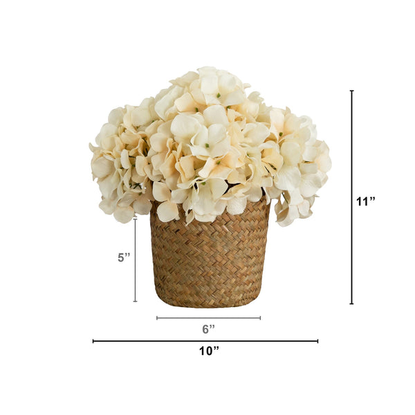 11” Artificial Cream Hydrangea Arrangement in Woven Basket