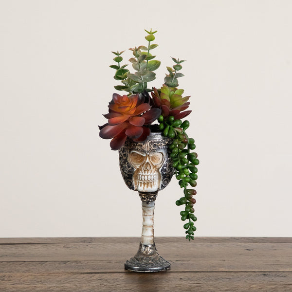 11” Artificial Halloween Succulent Garden in Skull Chalice Planter
