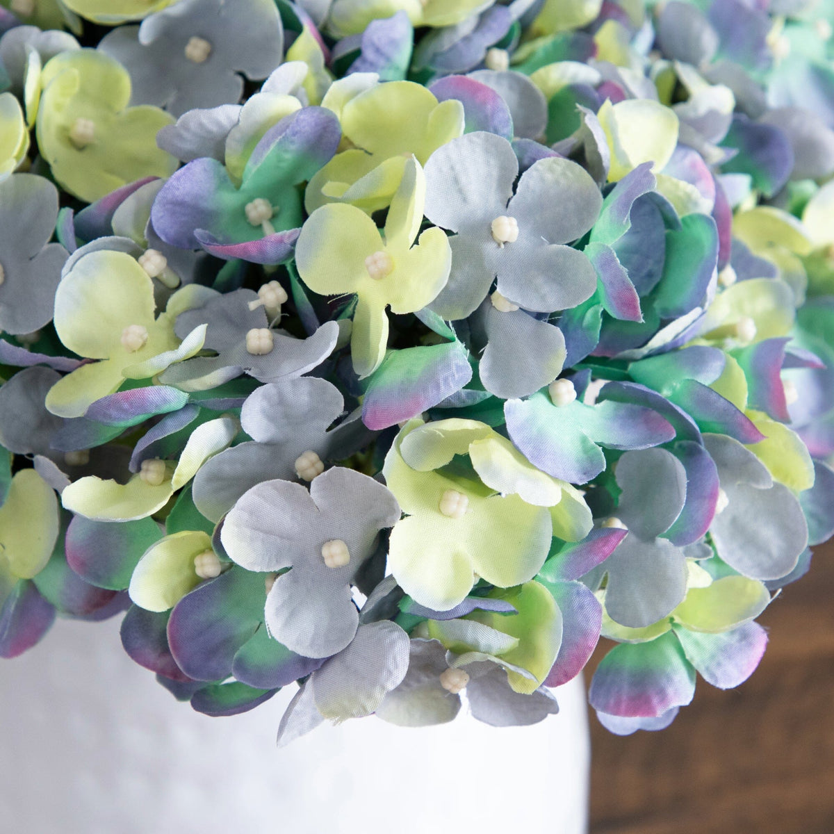 11” Artificial Hydrangea Arrangement in White Metal Vase | Nearly Natural