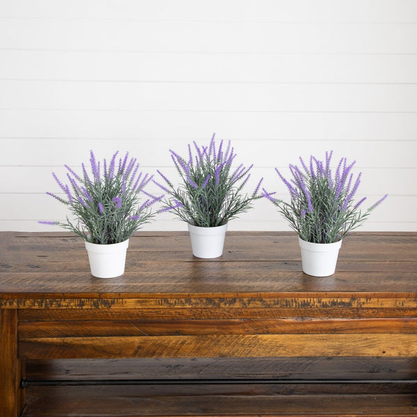 11” Artificial Lavender Plant in White Pot - Set of 3