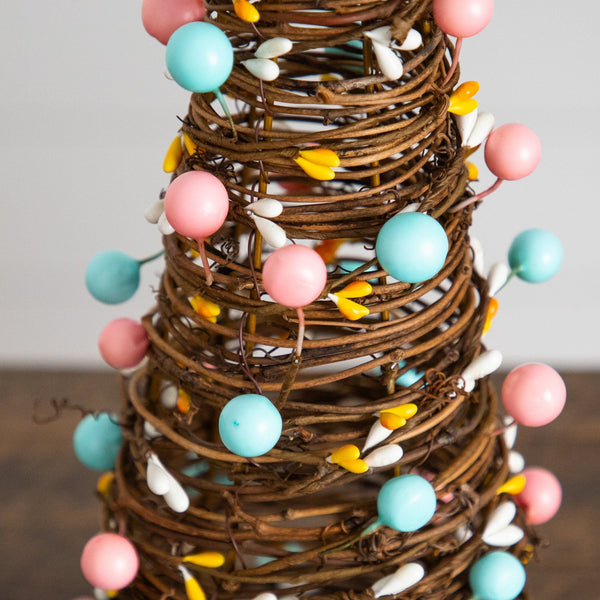 12" and 16" Artificial Easter Rattan Cone Trees with Pastel Eggs - Set of 2