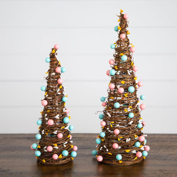 12" and 16" Artificial Easter Rattan Cone Trees with Pastel Eggs - Set of 2