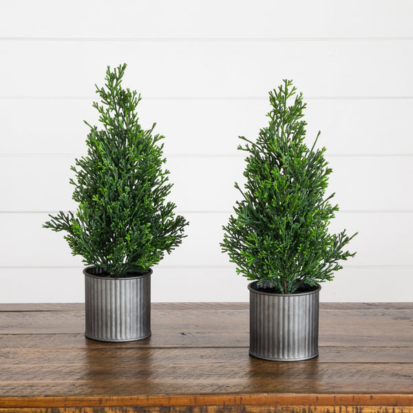 12” Artificial Mini Christmas Cedar Pine Tree in Metal Tin Planter - Set of 2