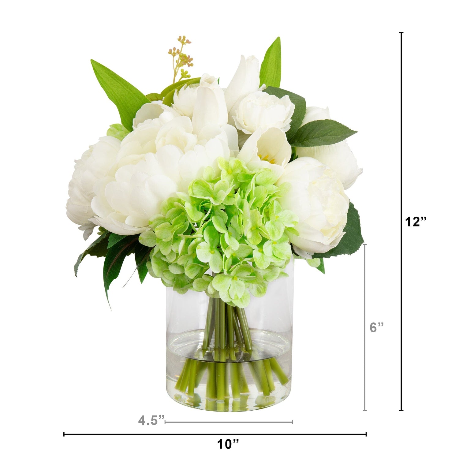 12" Artificial Peony, Hydrangea and Tulip Arrangement in Glass Vase