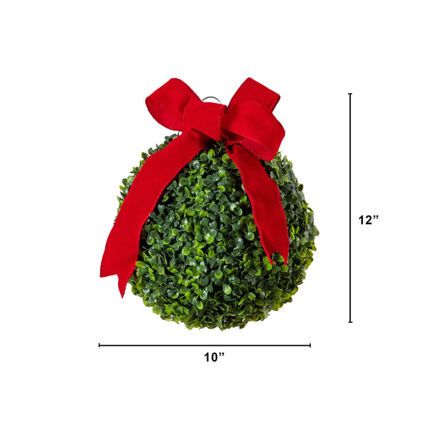 12" Pre-Lit Artificial Christmas Hanging Boxwood Ornament Ball with Red Bow and 40 LED Lights