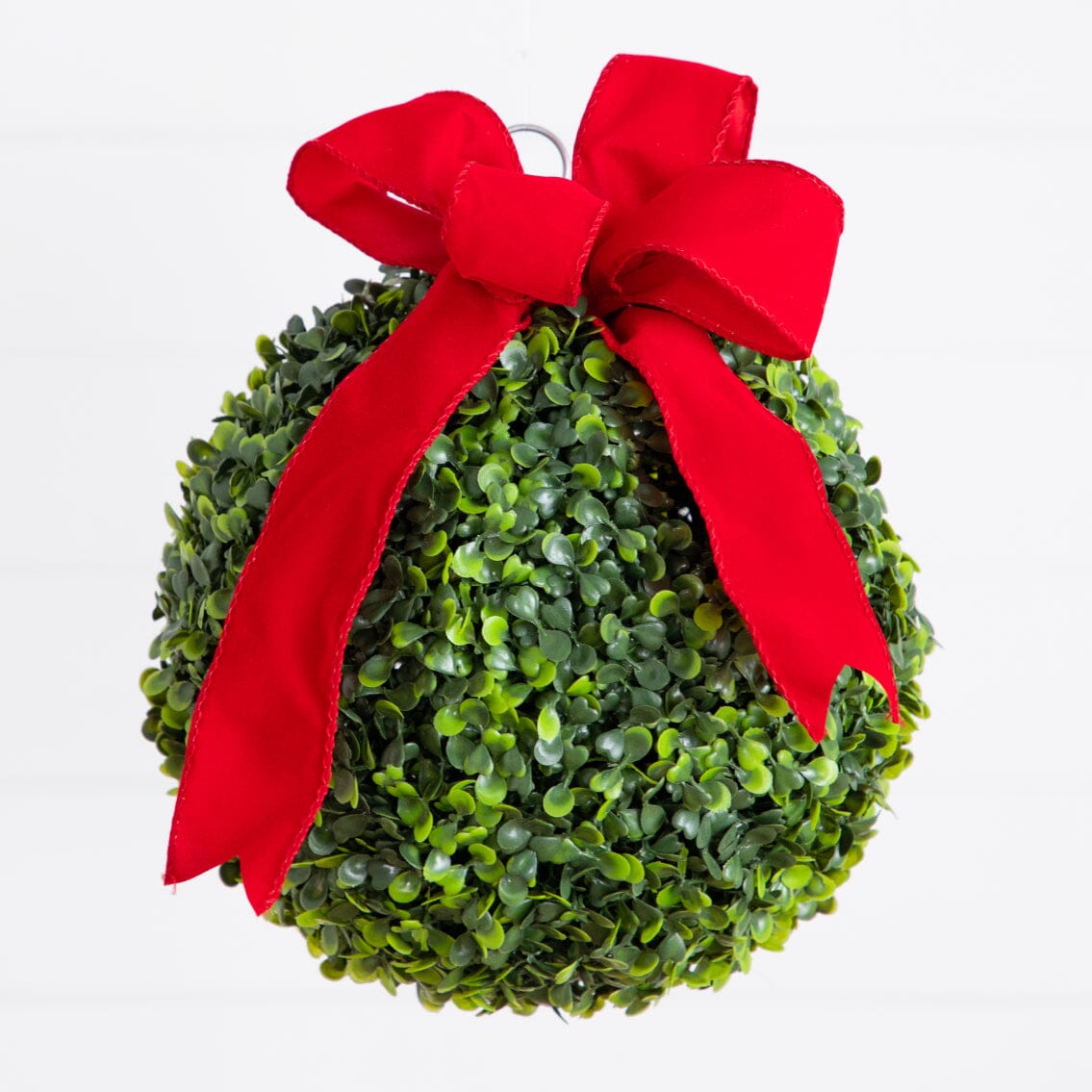 12" Pre-Lit Artificial Christmas Hanging Boxwood Ornament Ball with Red Bow and 40 LED Lights