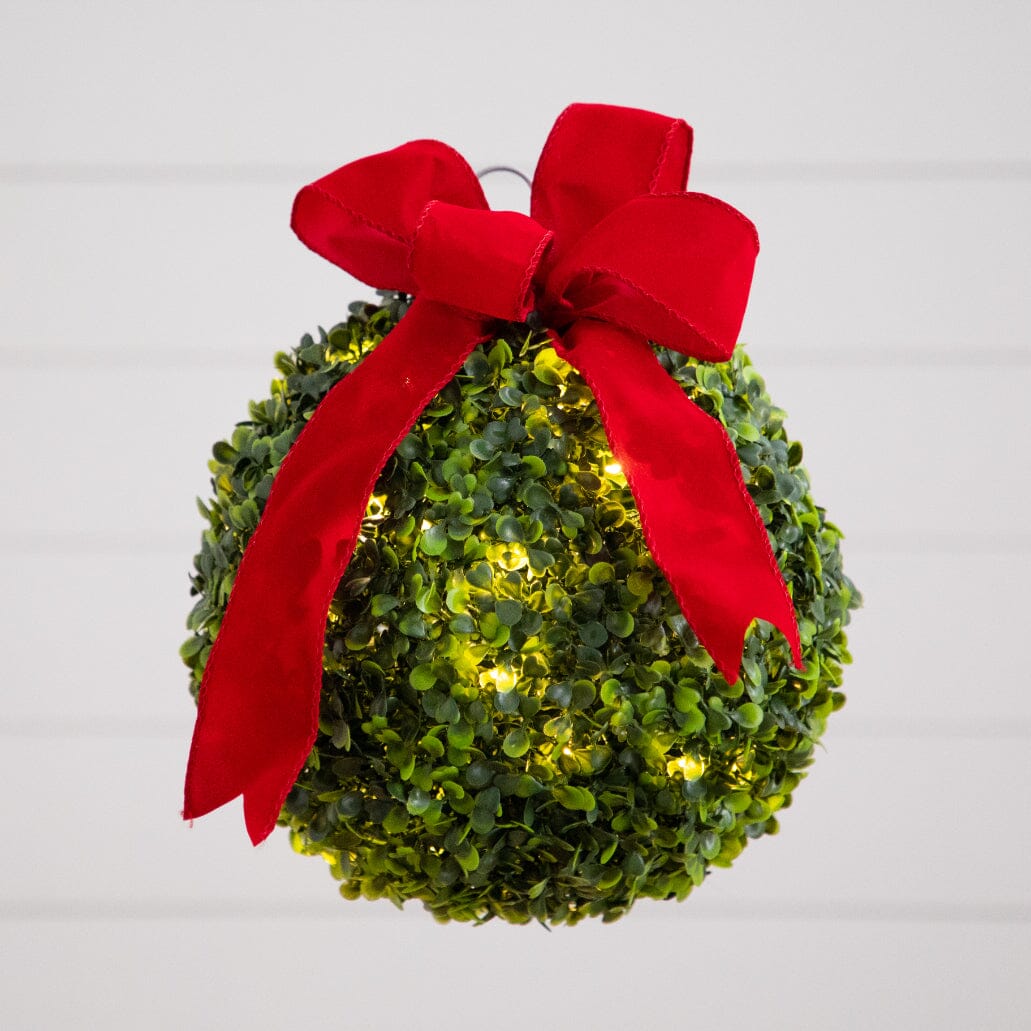 12" Pre-Lit Artificial Christmas Hanging Boxwood Ornament Ball with Red Bow and 40 LED Lights
