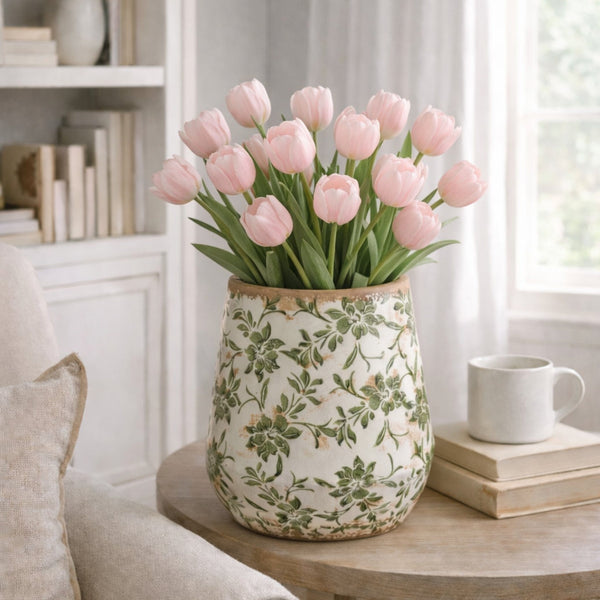 12” Tuscan Ceramic Green Scroll Planter