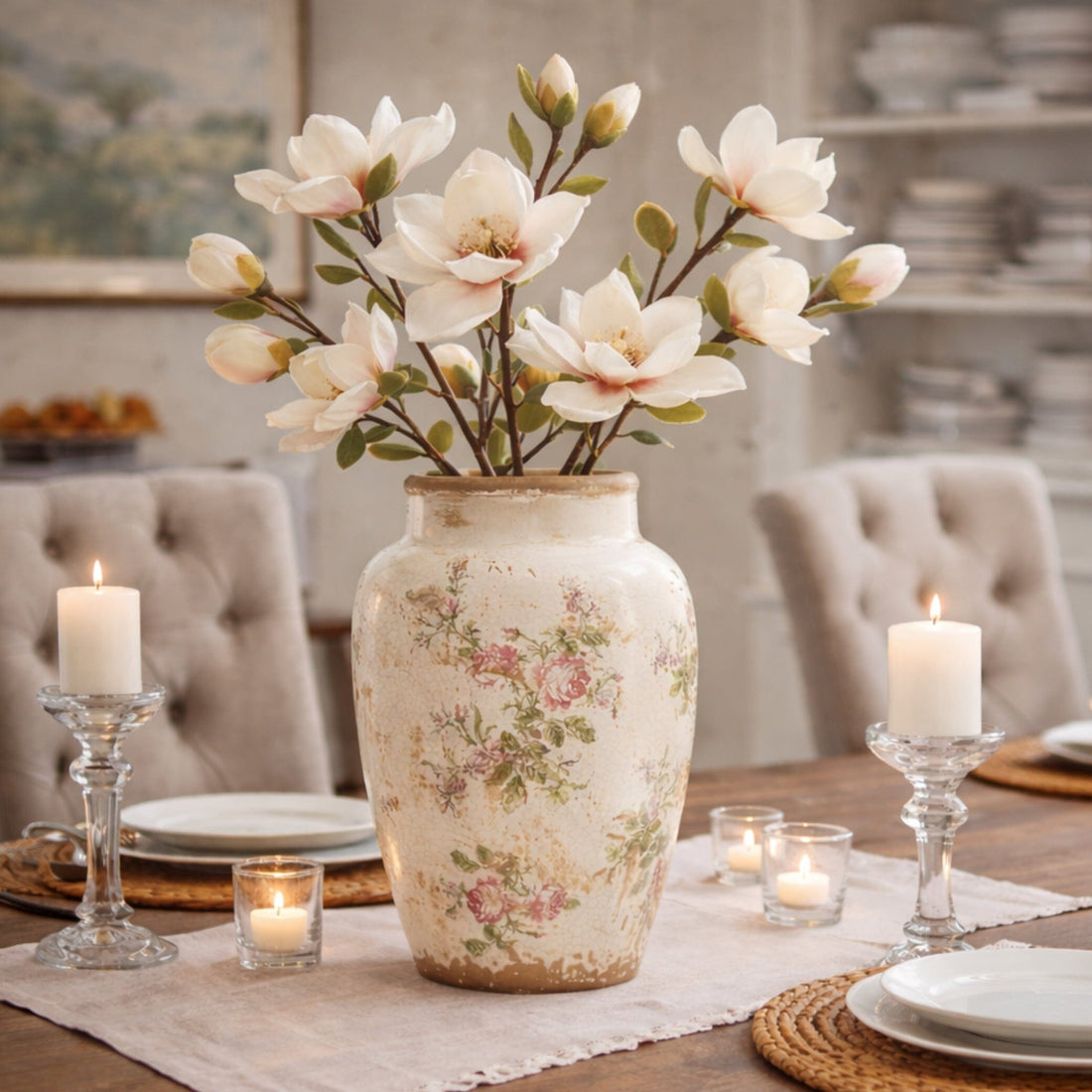 Nearly Natural 12.5-in Tuscan Ceramic Floral Print Vase