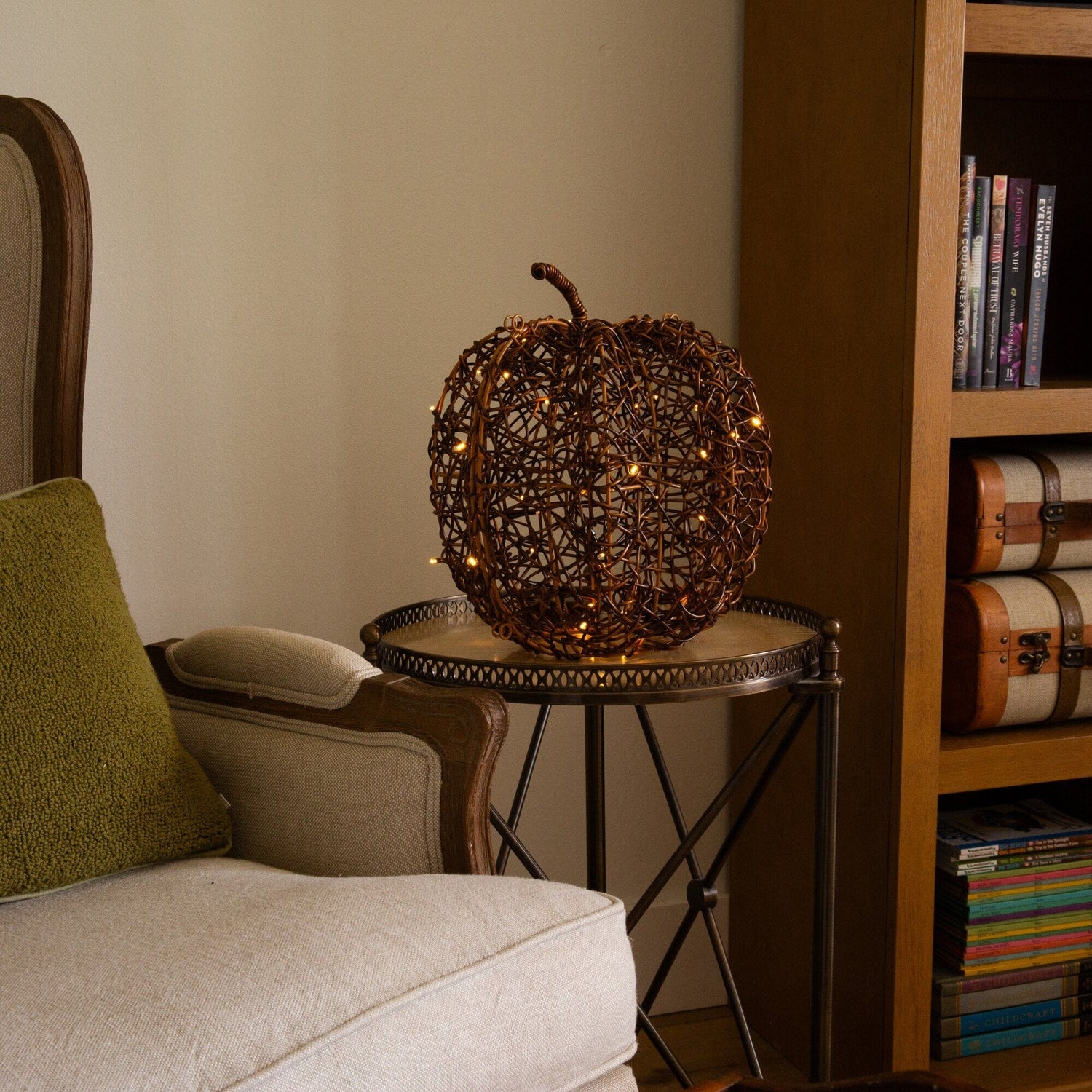 12in. Pre-Lit Autumn Rattan Fall Pumpkin with 40 Warm White LED Lights