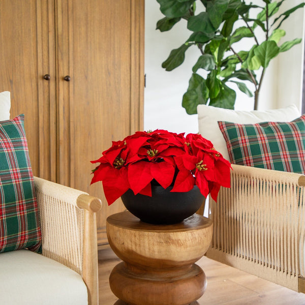13” Artificial Red Velvet Poinsettia Arrangement in Black Oval Planter
