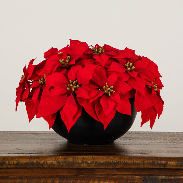 13” Artificial Red Velvet Poinsettia Arrangement in Black Oval Planter