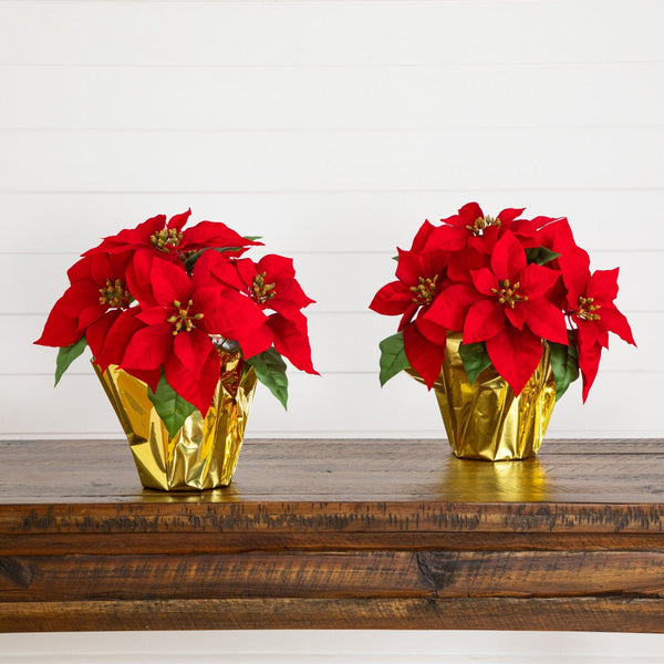 13” Artificial Red Velvet Poinsettia Arrangement in Gold Wrapped Planter - Set of 2