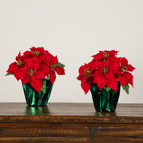 13” Artificial Red Velvet Poinsettia Arrangement in Green Wrapped Planter - Set of 2