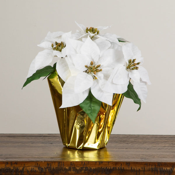 13” Artificial White Velvet Poinsettia Arrangement in Gold Wrapped Planter