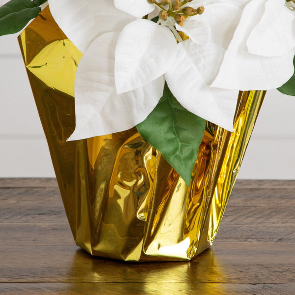 13” Artificial White Velvet Poinsettia Arrangement in Gold Wrapped Planter