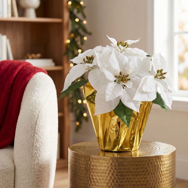 13” Artificial White Velvet Poinsettia Arrangement in Gold Wrapped Planter