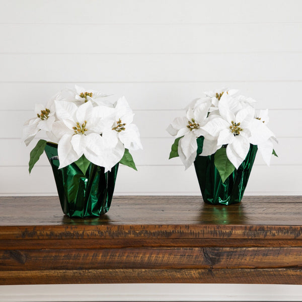 13” Artificial White Velvet Poinsettia Arrangement in Green Wrapped Planter - Set of 2