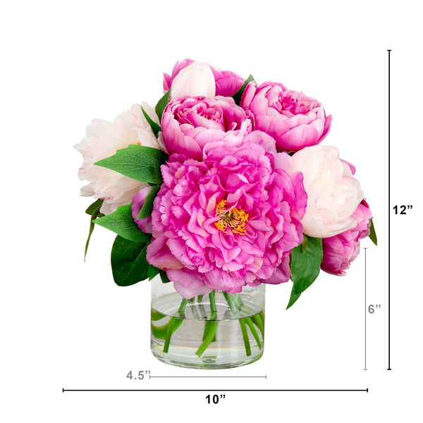 12” Artificial Peony Arrangement in Glass Vase