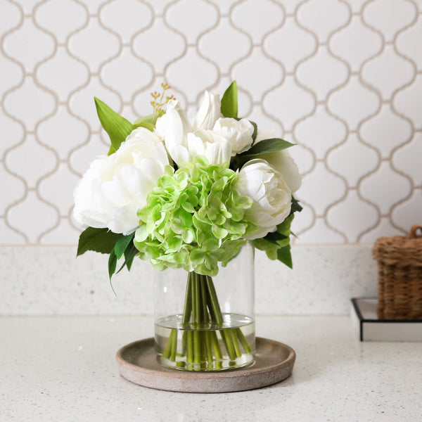 12" Artificial Peony, Hydrangea and Tulip Arrangement in Glass Vase