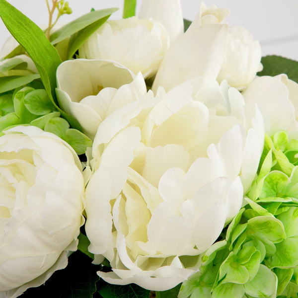 12" Artificial Peony, Hydrangea and Tulip Arrangement in Glass Vase