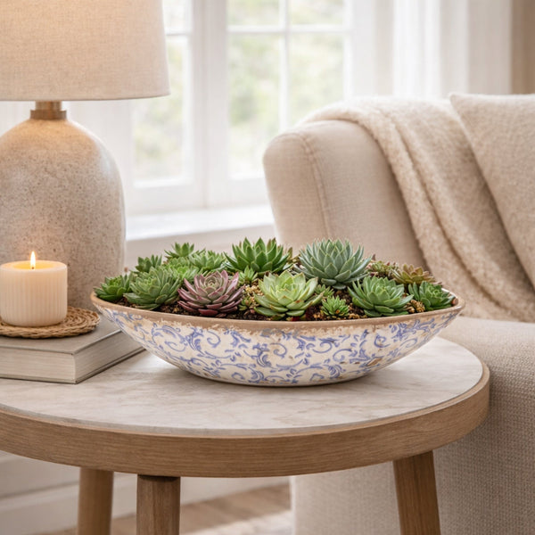 13” Tuscan Ceramic Blue Scroll Decorative Bowl