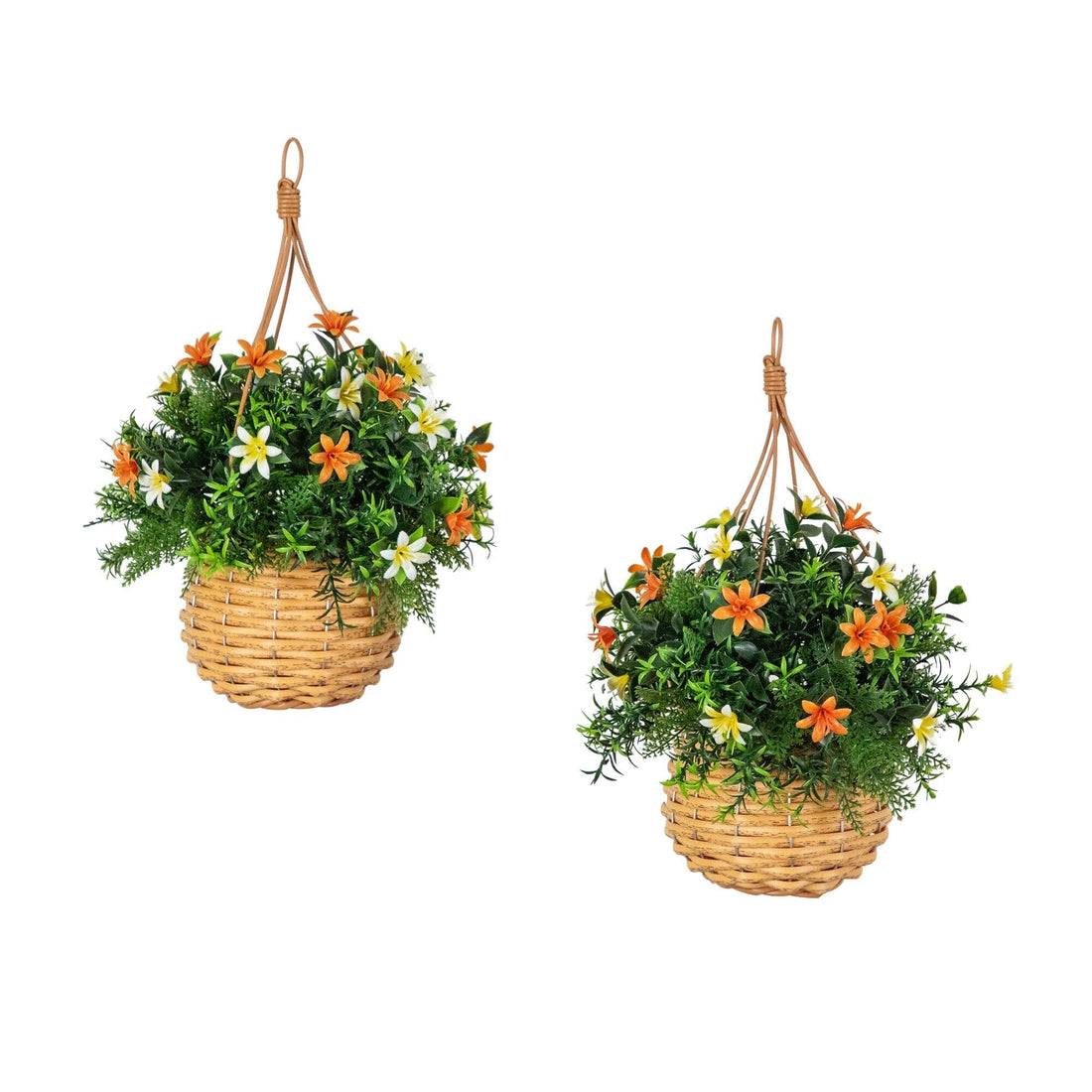 hanging basket mixed plants 13” UV Resistant Artificial Lily and Mixed Greens in Woven Hanging Basket  (Indoor/Outdoor)