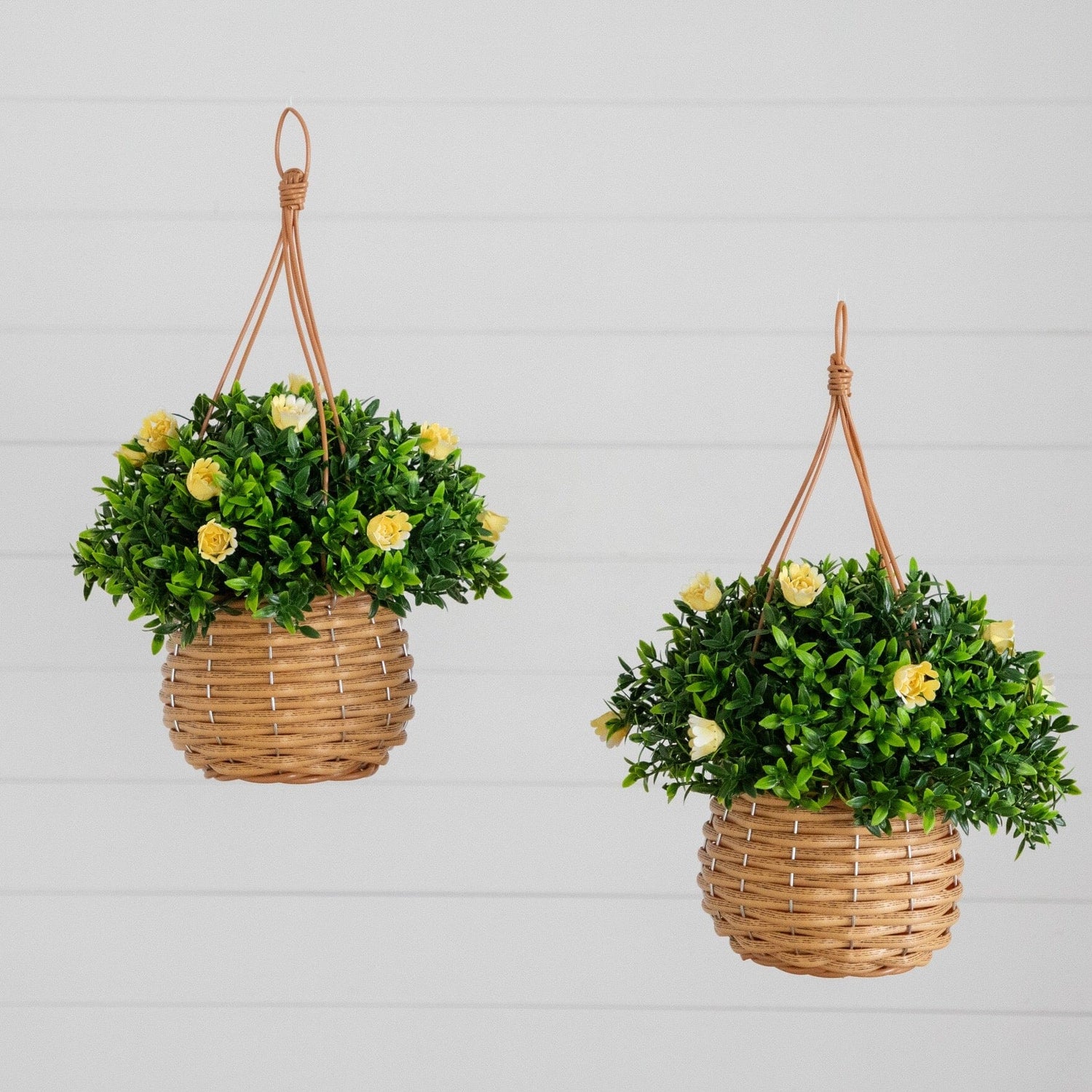 13” UV Resistant Artificial Mini Rose and Aptenia in Woven Hanging Basket (Indoor/Outdoor) - Set of 2