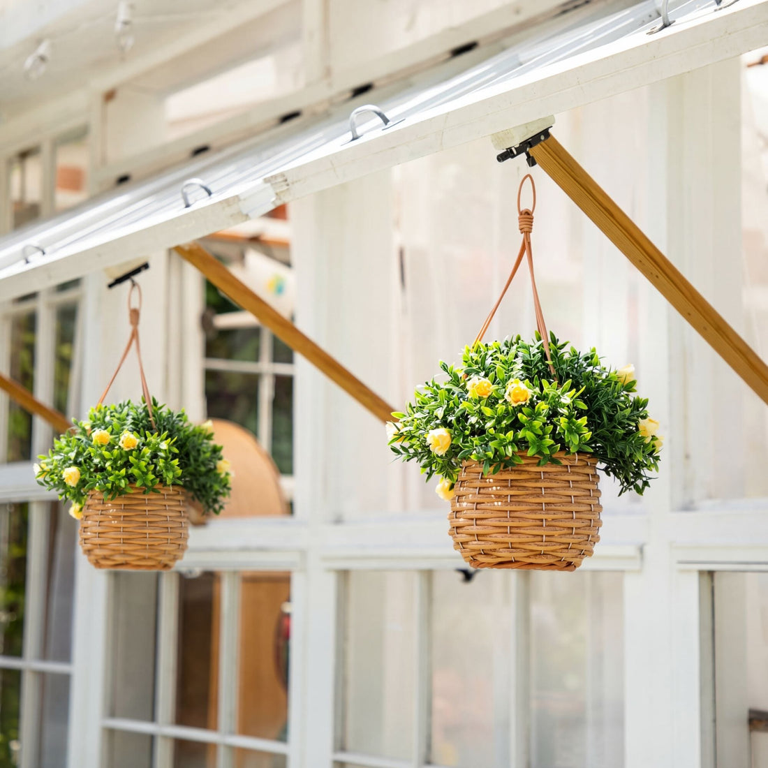 13” UV Resistant Artificial Mini Rose and Aptenia in Woven Hanging Basket (Indoor/Outdoor)