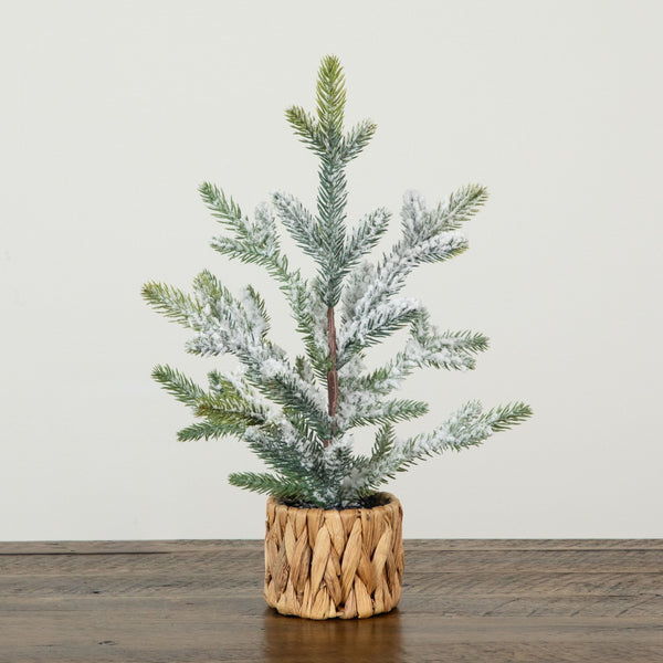 14”  Artificial Flocked Fir Christmas Tree in Woven Basket