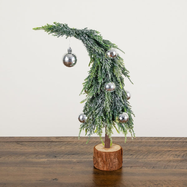 14” Artificial Snowed Santa's Hat Christmas Tree with Ornaments in Wooden Trunk Base